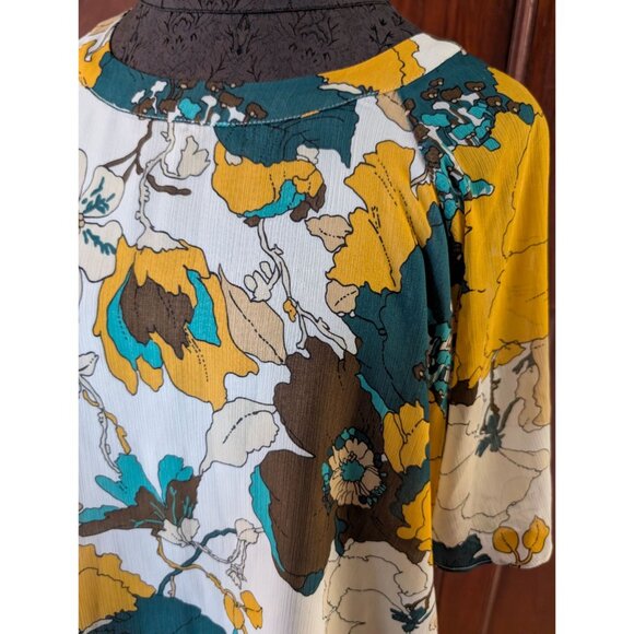 Cynthia Rowley Floral Print Blouse Yellow Teal Brown Short Sleeve Lightweight Wo - Picture 2 of 8